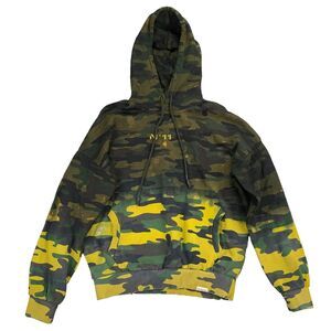Eleven Paris Mens Acid Distressed Camo Fleece Pullover Hoodie Green Yellow S
